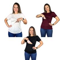 Kit 3 Blusas Amamentação Diversas Cores Premium T-shirt Gestante Amamentar Manga Curta