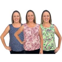 Kit 3 Blusas Batas Femininas Regatas Estampadas Moda Verão Kit 3 Blusas Batas Femininas Regatas Estampadas Moda Verão