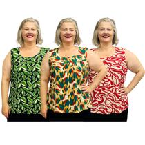 Kit 3 Blusas Batas Regatas Plus Size Estampadas Moda Verão Kit 3 Blusas Batas Regatas Plus Size Estampadas Moda Verão