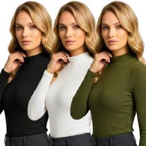 Kit 3 Blusas Cacharrel Feminina Canelada Manga Longa Gola Alta para Frio