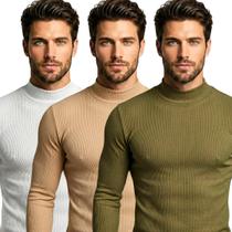 Kit 3 Blusas Cacharrel Masculina Canelada Manga Longa Gola Alta para Frio