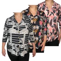 Kit 3 blusas Camisa Feminina Manga 3/4 Malha Fria Liganete Estampadas Kit 3 blusas Camisa Feminina Manga 3/4 Malha Fria Liganete Estampadas