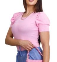 Kit 3 Blusas canelada feminina gola rasa manga curta princesa bufante macia