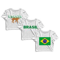 Kit 3 Blusas Cropped Blusinha Camiseta Feminina Brasil Bandeira Copa