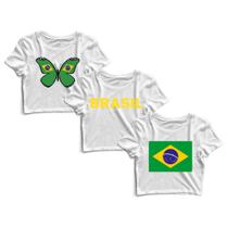 Kit 3 Blusas Cropped Blusinha Camiseta Feminina Brasil Borboleta Bandeira