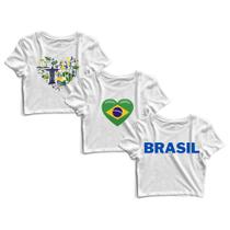 Kit 3 Blusas Cropped Blusinha Camiseta Feminina Brasil Cristo Redentor Coração Kit 3 Blusas Cropped Blusinha Camiseta Feminina Brasil Cristo Redentor Coração