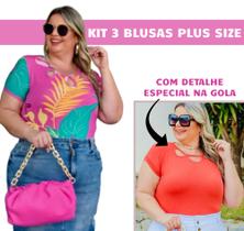 Kit 3 Blusas Estampadas Com Detalhe na Gola Plus Size Verão 46/54 Kit 3 Blusas Estampadas Com Detalhe na Gola Plus Size Verão 46/54