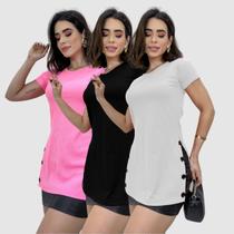 Kit 3 Blusas Feminina Blusinha Manga Curta Canelada Botões Kit 3 Blusas Feminina Blusinha Manga Curta Canelada Botões