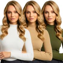 Kit 3 Blusas Feminina Cacharrel Canelada Manga Longa Gola Alta Premium Inverno Casual Elegante