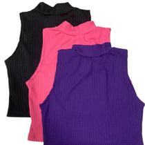 Kit 3 Blusas Feminina Cropped Regata Gola Alta Canelado