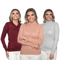 Kit 3 Blusas Feminina de Tricot Manga Longa Tendência Frio 2024