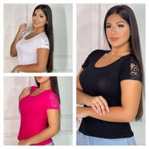 Kit 3 blusas feminina detalhe de renda manga curta