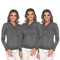 Kit 3 Blusas Feminina Gola V Tricô Macio Sueter Manga Longa Inverno Casual