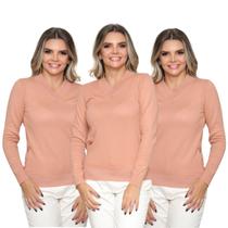 Kit 3 Blusas Feminina Gola V Tricô Macio Sueter Manga Longa Inverno Casual