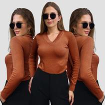 Kit 3 Blusas Feminina Gola V Tricô Macio Sueter Manga Longa Inverno Casual Kit 3 Blusas Feminina Gola V Tricô Macio Sueter Manga Longa Inverno Casual