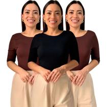 Kit 3 Blusas Feminina Manga 3/4 com Abertura nas Costas