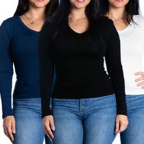 Kit 3 blusas feminina manga comprida segunda pele gola v