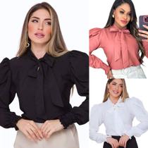 Kit 3 Blusas Feminina Manga longa Bufante com Gola e Laço Kit 3 Blusas Feminina Manga longa Bufante com Gola e Laço