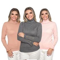 Kit 3 Blusas Feminina Manga Longa com Botão Gola Alta Tricô Inverno Casual