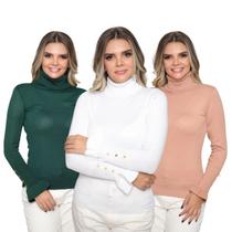 Kit 3 Blusas Feminina Manga Longa com Botão Gola Alta Tricô Inverno Casual