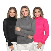 Kit 3 Blusas Feminina Manga Longa com Botão Sueter Tricô Inverno 2024