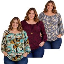 Kit 3 Blusas Feminina Manga Longa Comprida Plus Malha Liganete Estampadas. Kit 3 Blusas Feminina Manga Longa Comprida Plus Malha Liganete Estampadas.