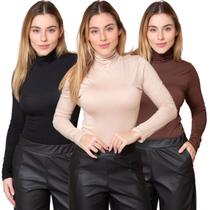 Kit 3 Blusas Feminina Manga Longa Gola Alta Cacharrel de Viscose