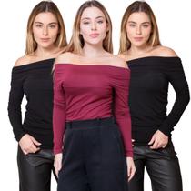 Kit 3 Blusas Feminina Ombro a Ombro com Lateral Franzida Manga Longa