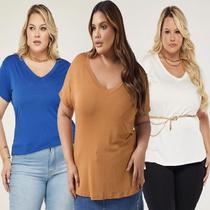 Kit 3 Blusas Feminina Plus size Camiseta decote V Báscia Verão Confortável Soltinha Manga Curta