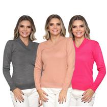 Kit 3 Blusas Feminina Sueter Tricô Macio Gola V Manga Longa Inverno