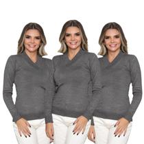 Kit 3 Blusas Feminina Sueter Tricô Macio Gola V Manga Longa Inverno