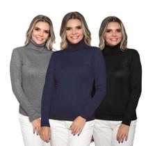Kit 3 Blusas Feminina Tricô Manga Longa Gola Alta Lã Inverno Casual