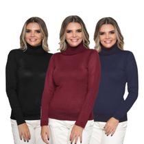 Kit 3 Blusas Feminina Tricô Manga Longa Gola Alta Lã Inverno Casual