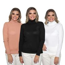 Kit 3 Blusas Feminina Tricô Manga Longa Gola Alta Lã Inverno Casual