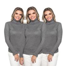 Kit 3 Blusas Feminina Tricô Manga Longa Gola Alta Lã Inverno Casual