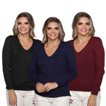 Kit 3 Blusas Feminina Tricô Suéter Manga Longa Trançado Frio