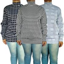 Kit 3 Blusas Femininas Cacharrel Manga Longa Punho Soltinhas Peças Sortidas Jacquard Pp ao Plus Size