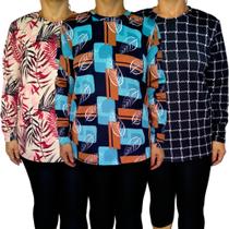 Kit 3 Blusas Femininas G. Careca Manga Longa Soltinhas Estampas Sortidas Malha Crepe Pp ao Plus Size
