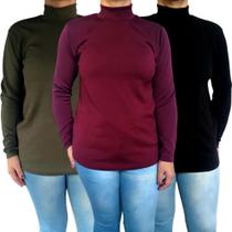 Kit 3 Blusas Femininas Gola Alta Manga Longa Soltinhas Cores Sortidas Malha Crepe Pp ao Plus Size Kit 3 Blusas Femininas Gola Alta Manga Longa Soltinhas Cores Sortidas Malha Crepe Pp ao Plus Size
