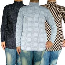 Kit 3 Blusas Femininas Gola Cacharrel Manga Longa Soltinhas Peças Sortidas Jacquard Pp ao Plus Size