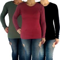 Kit 3 Blusas Femininas Gola Careca Manga Longa Justas Cores Sortidas Malha Crepe Pp ao Plus Size Kit 3 Blusas Femininas Gola Careca Manga Longa Justas Cores Sortidas Malha Crepe Pp ao Plus Size