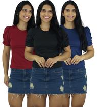 Kit 3 Blusas Femininas Manga Bufante Princesa Malha Canelada Moda Verão Atacado Revenda