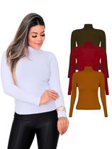 Kit 3 Blusas Femininas Manga Longa Gola Alta Colorida