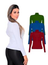 Kit 3 Blusas Femininas Manga Longa Gola Alta Colorida