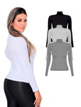 Kit 3 Blusas Femininas Manga Longa Gola Alta Viscolycra