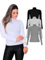 Kit 3 Blusas Femininas Manga Longa Gola Alta Viscolycra