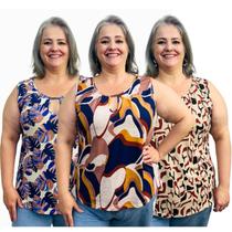 Kit 3 Blusas Femininas Regata Estampadas Detalhe Gola V Kit 3 Blusas Femininas Regata Estampadas Detalhe Gola V