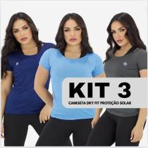 Kit 3 Blusas Fitness Dry Fit Feminina Academia Treino Furadinha Manga Curta Gola Larga Redonda Lisa Básica Camiseta - Pernambuco Atacado