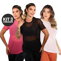Kit 3 Blusas Fitness Tule Feminina Transparente Longa de Manga Conforto Academia Kit 3 Blusas Fitness Tule Feminina Transparente Longa de Manga Conforto Academia