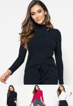 Kit 3 Blusas Gola Alta Manga Longa Malha Canelada Preta, Rosa e Branca Salvatore